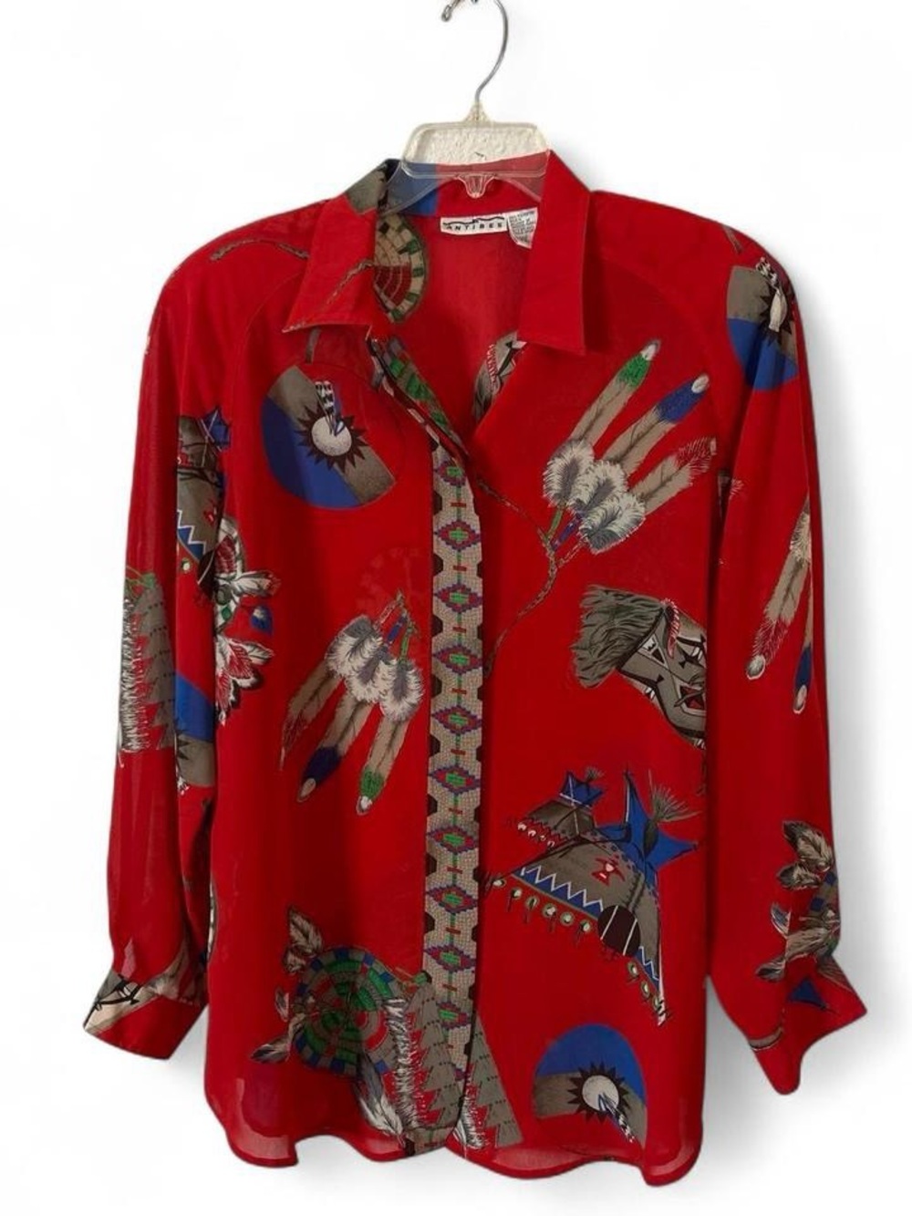 Vintage 80s Red Native Print Button-Up Blouse
